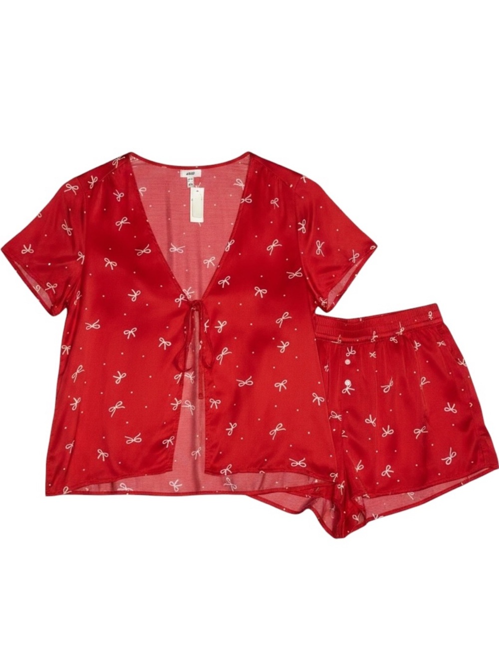 Aerie Satin Bow Print Pajama Set Short Sleeve Tie Front Shorts NWT XS/S Red
